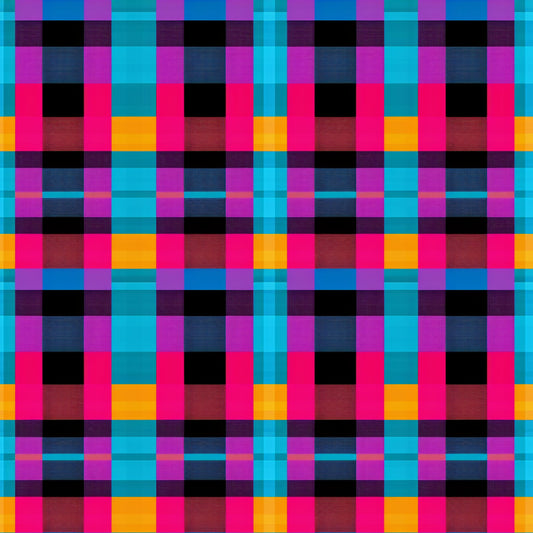 neon colors, bright pink, electric blue, vibrant purple, orange, black, gingham pattern, checkered design, plaid weave, geometric squares, quilting cotton, fabric panel, digital print, modern aesthetic, contemporary style, high contrast, saturated colors, grid pattern, woven effect, crafting material