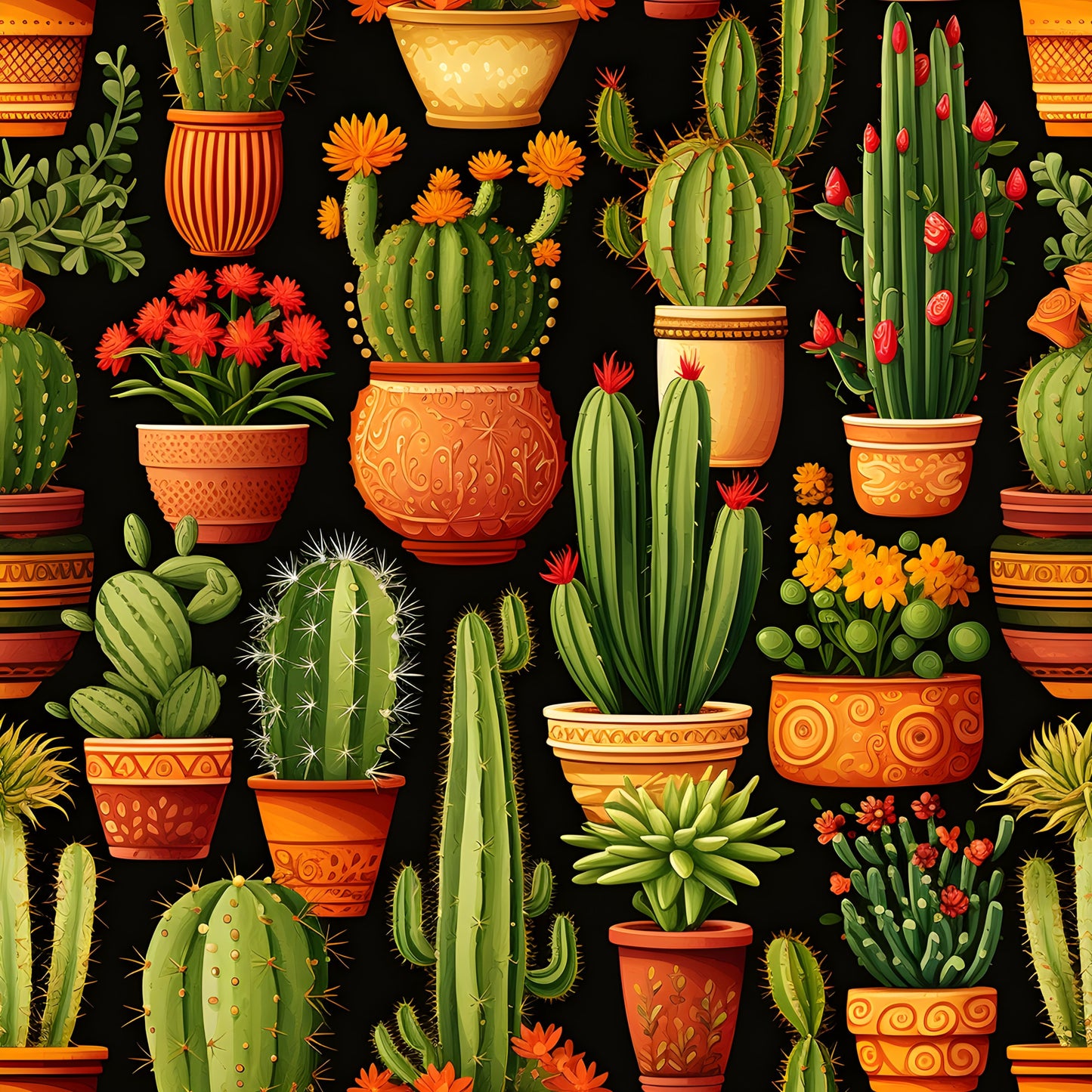 retro cactus pattern, quilting cotton, fabric panel, desert plants, succulent garden, terracotta pots, orange flowers, green cacti, black background, decorative pottery, southwestern style, botanical illustration, vintage aesthetic, spiky plants, blooming cacti, potted plants, desert flora, warm color palette, geometric pots, folk art style