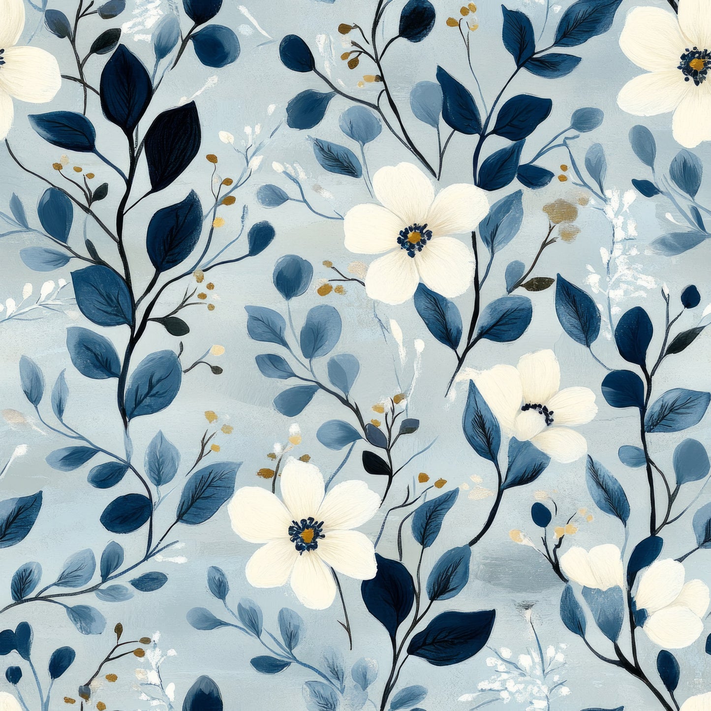 cornflower blue, white flowers, navy blue, botanical pattern, floral design, delicate blooms, leaves and stems, watercolor style, soft pastels, quilting cotton, fabric panel, nature motif, garden flowers, romantic florals, flowing branches, organic pattern, spring theme, feminine design, cottagecore aesthetic
