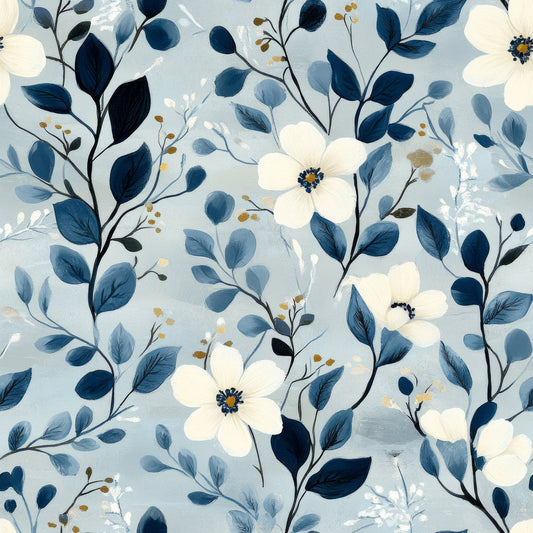 cornflower blue, white flowers, navy blue, botanical pattern, floral design, delicate blooms, leaves and stems, watercolor style, soft pastels, quilting cotton, fabric panel, nature motif, garden flowers, romantic florals, flowing branches, organic pattern, spring theme, feminine design, cottagecore aesthetic