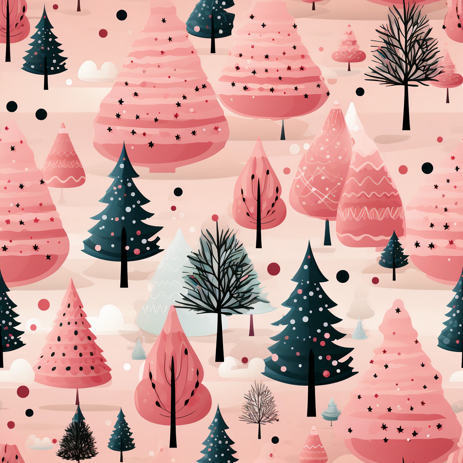 coral pink, teal green, cream beige, winter trees, christmas trees, evergreen pines, geometric mountains, star patterns, polka dots, whimsical illustration, modern art style, quilting cotton, fabric panel, holiday theme, winter wonderland, festive design, contemporary colors, nature motifs, seasonal pattern