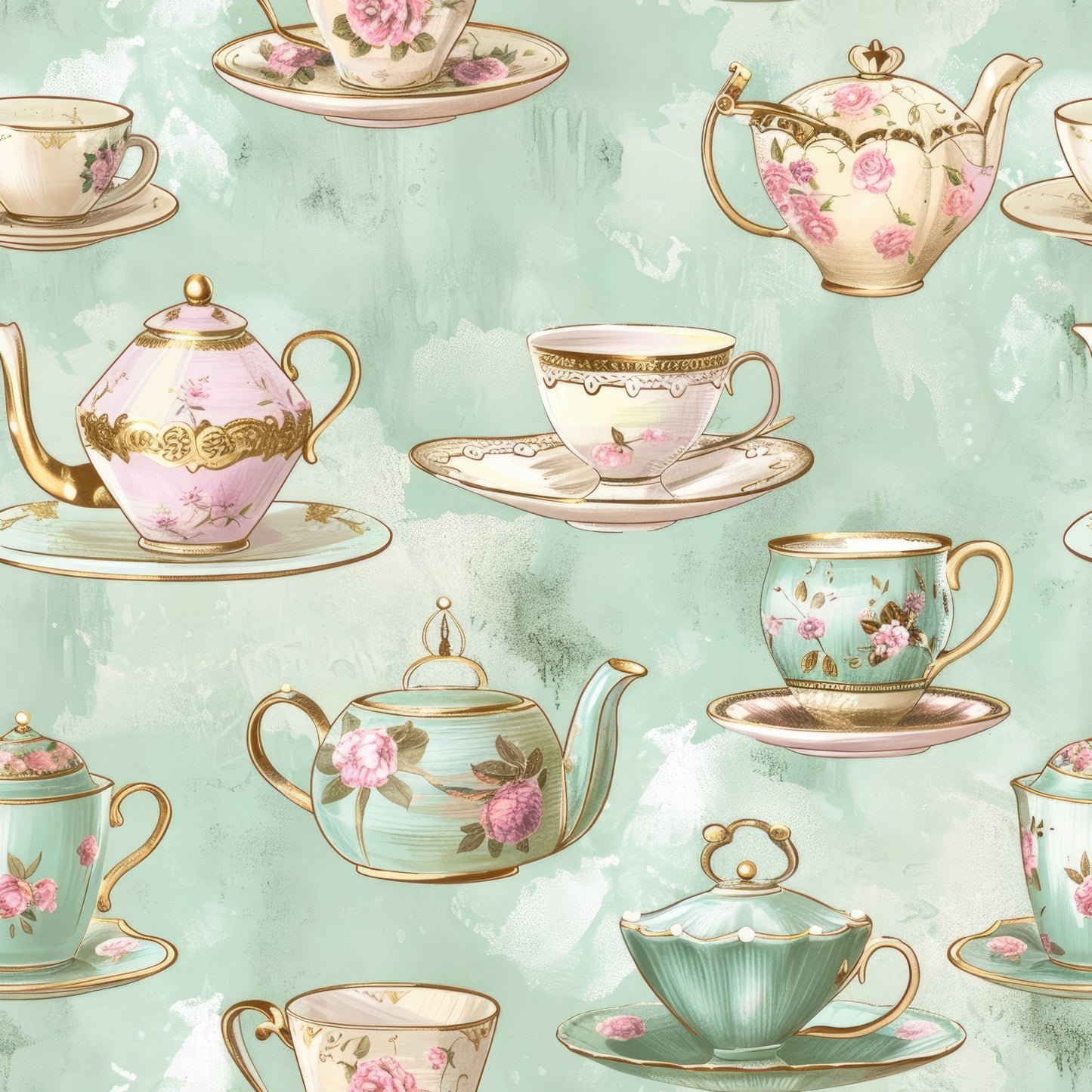 mint green, soft pink, gold accents, teacups, teapots, saucers, floral motifs, roses, vintage china, whimsical pattern, pastel palette, tea party theme, quilting cotton, fabric panel, delicate illustrations, elegant design, shabby chic, watercolor style, repeating pattern, craft fabric