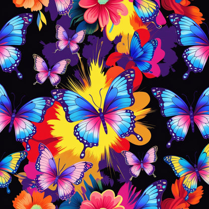 butterflies, vibrant colors, blue wings, pink wings, purple wings, yellow wings, tropical flowers, floral pattern, fantasy design, bright colors, quilting cotton, fabric panel, colorful butterflies, exotic blooms, whimsical style, nature motifs, summer theme, artistic illustration, decorative fabric, sewing material