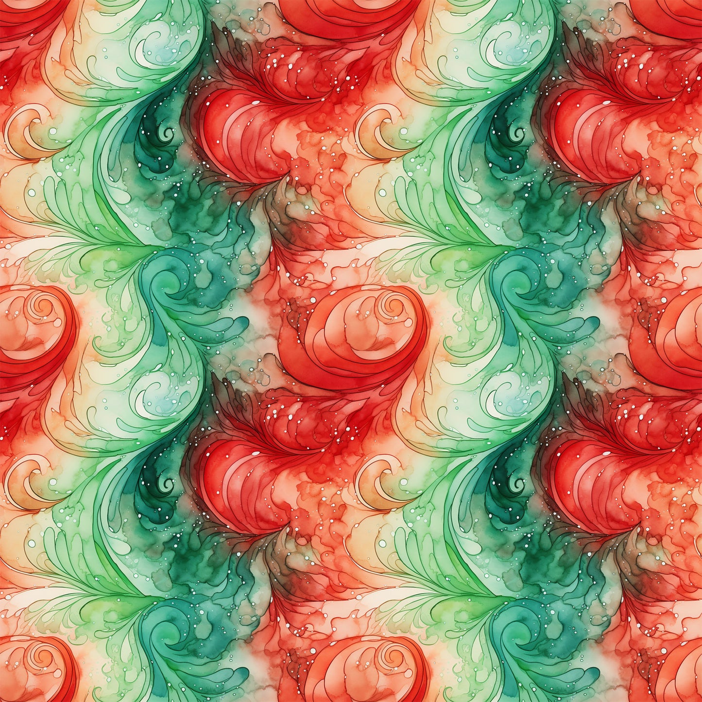 watercolor, christmas swirls, red, green, coral, teal, emerald, flowing patterns, organic swirls, festive design, holiday fabric, quilting cotton, seamless pattern, fluid motifs, winter colors, decorative swirls, soft watercolor effect, christmas themed, fabric panel, ornamental design