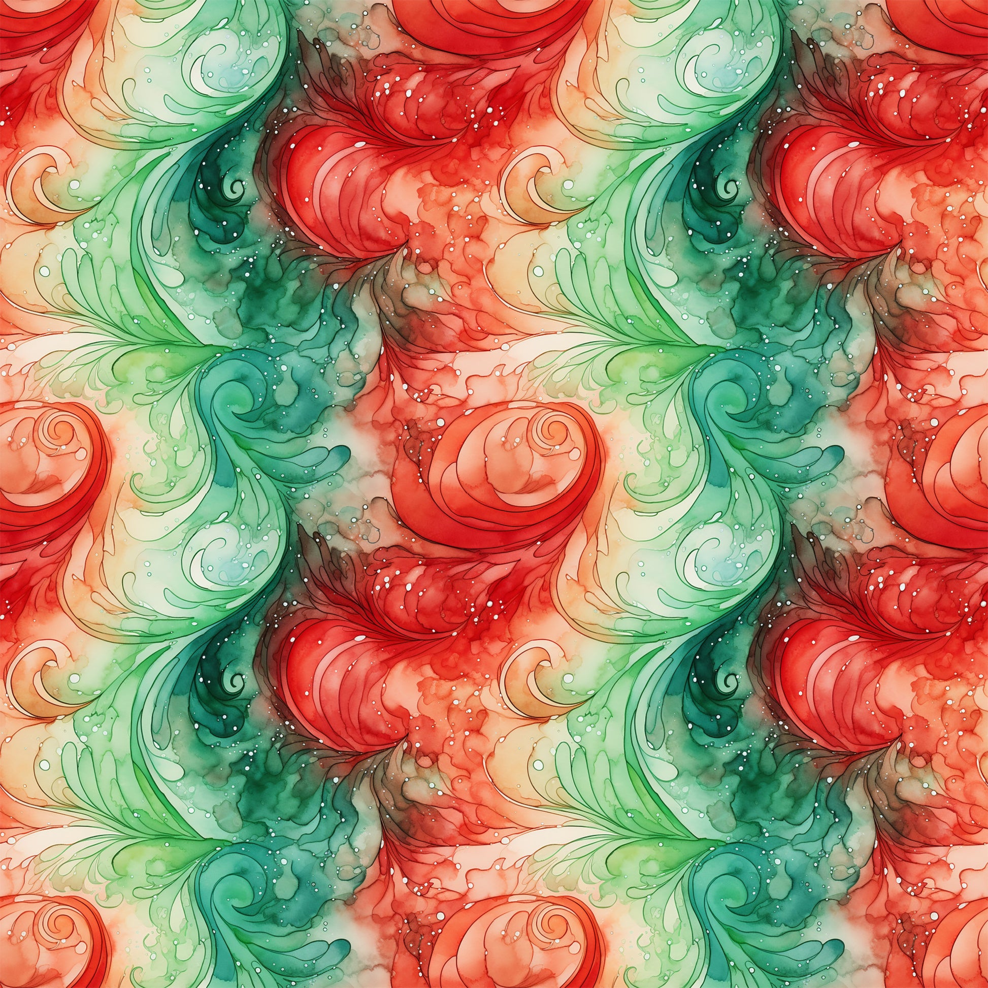 watercolor, christmas swirls, red, green, coral, teal, emerald, flowing patterns, organic swirls, festive design, holiday fabric, quilting cotton, seamless pattern, fluid motifs, winter colors, decorative swirls, soft watercolor effect, christmas themed, fabric panel, ornamental design