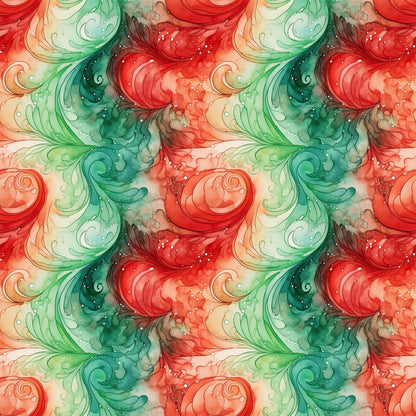 watercolor, christmas swirls, red, green, coral, teal, emerald, flowing patterns, organic swirls, festive design, holiday fabric, quilting cotton, seamless pattern, fluid motifs, winter colors, decorative swirls, soft watercolor effect, christmas themed, fabric panel, ornamental design