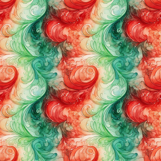watercolor, christmas swirls, red, green, coral, teal, emerald, flowing patterns, organic swirls, festive design, holiday fabric, quilting cotton, seamless pattern, fluid motifs, winter colors, decorative swirls, soft watercolor effect, christmas themed, fabric panel, ornamental design