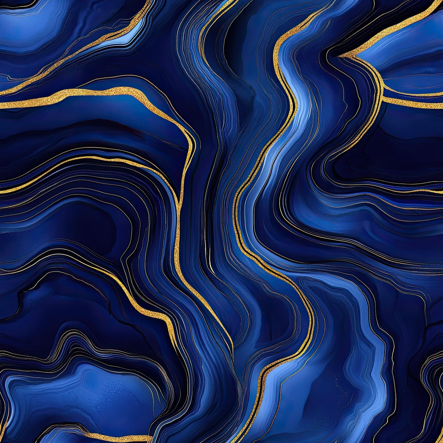 royal blue, navy blue, gold, metallic gold, agate pattern, marble pattern, swirling lines, flowing curves, organic shapes, geode design, mineral pattern, luxurious, elegant, contemporary art, abstract design, quilting cotton, fabric panel, dramatic, sophisticated, jewel tones