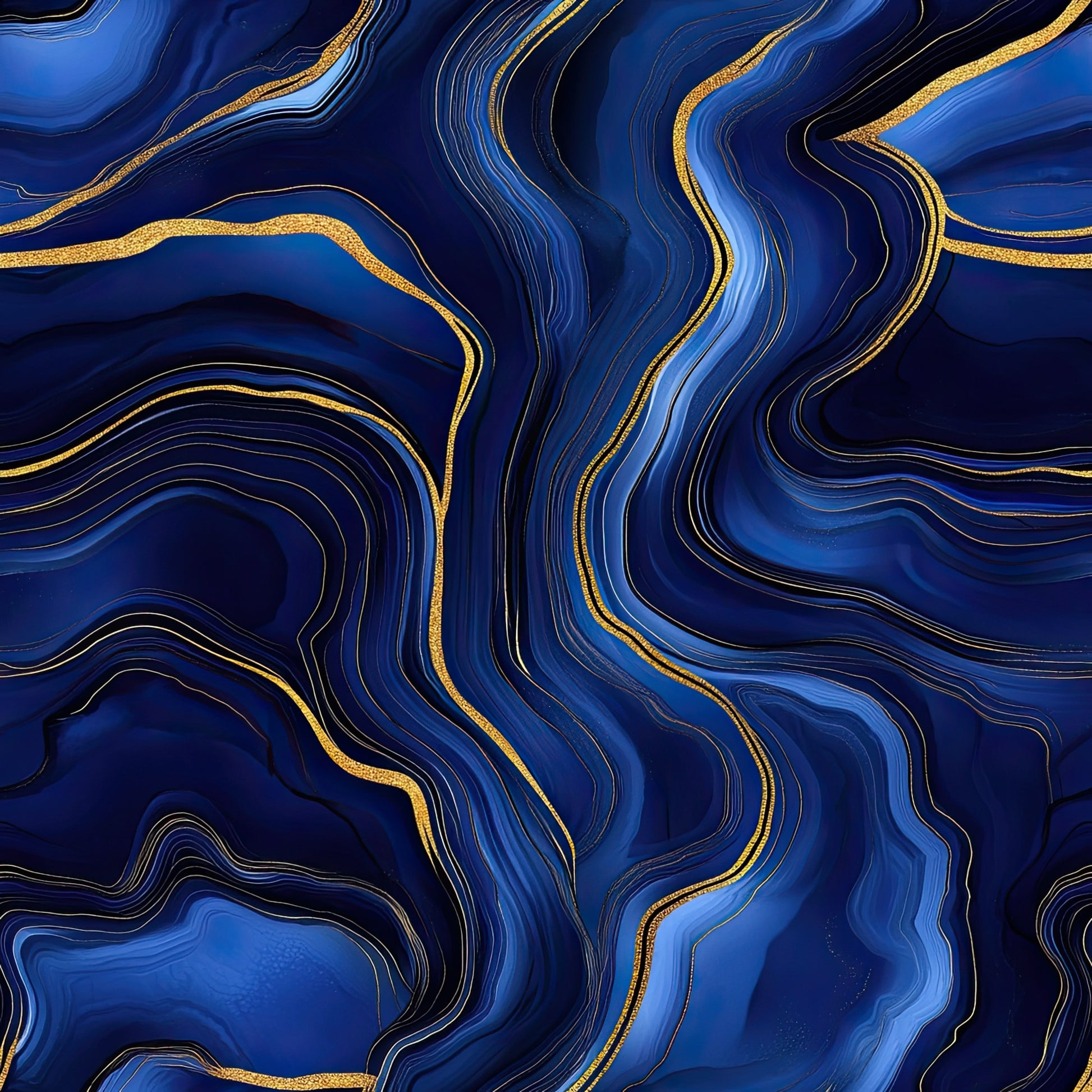 royal blue, navy blue, gold, metallic gold, agate pattern, marble pattern, swirling lines, flowing curves, organic shapes, geode design, mineral pattern, luxurious, elegant, contemporary art, abstract design, quilting cotton, fabric panel, dramatic, sophisticated, jewel tones