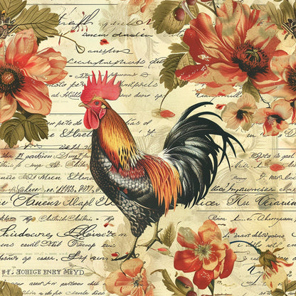 rooster, red flowers, coral blooms, green leaves, cream background, vintage script, handwritten text, farm animals, country style, botanical motifs, quilting cotton, fabric panel, rustic charm, floral design, farmhouse aesthetic, poppies, cursive writing, aged paper look, pastoral theme