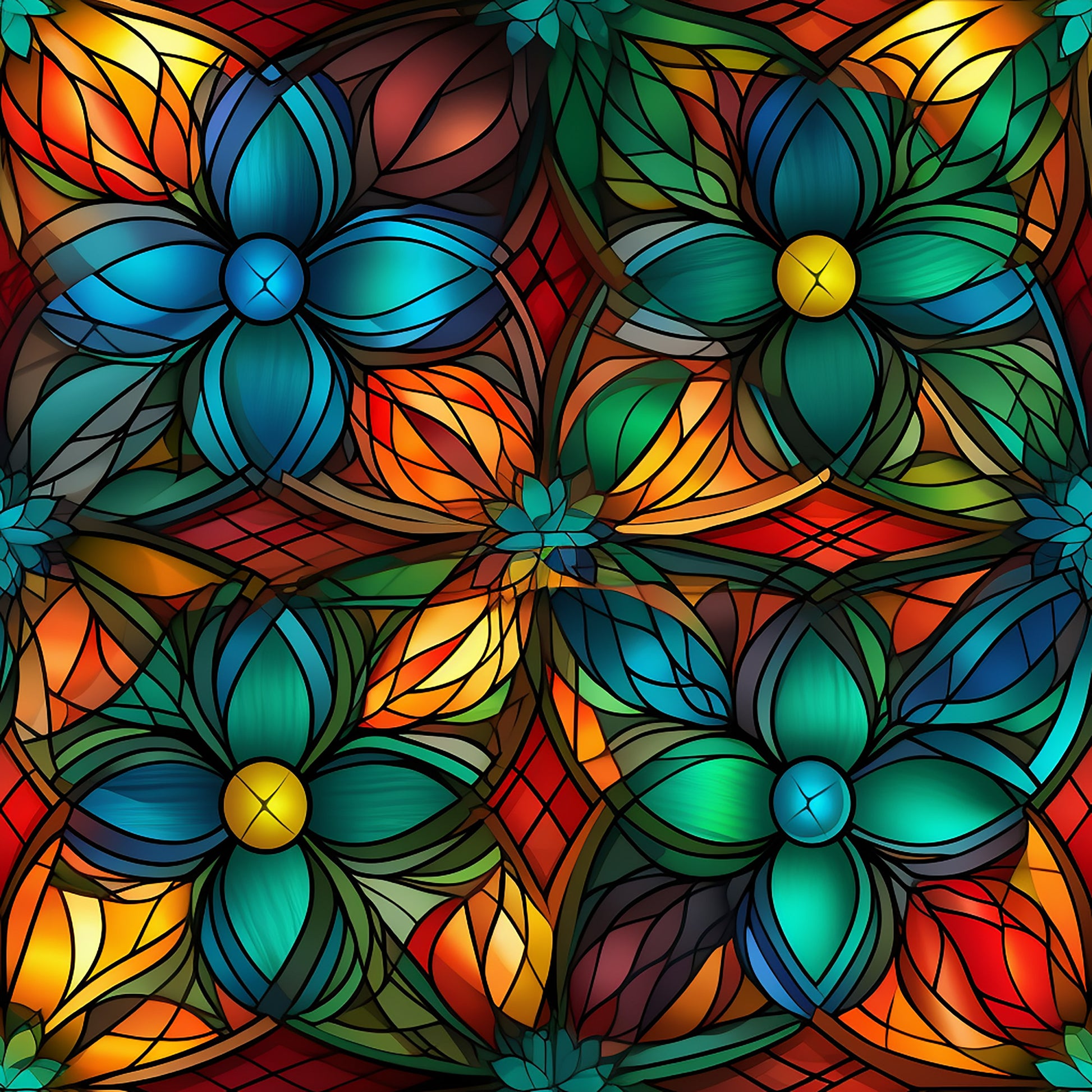 stained glass, floral pattern, blue flowers, green petals, orange leaves, red accents, yellow centers, teal highlights, geometric design, kaleidoscope effect, mosaic style, quilting cotton, fabric panel, christmas themed, holiday pattern, decorative motifs, colorful design, symmetrical layout, botanical elements, leadlight style