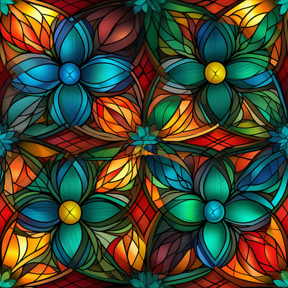 stained glass, floral pattern, blue flowers, green petals, orange leaves, red accents, yellow centers, teal highlights, geometric design, kaleidoscope effect, mosaic style, quilting cotton, fabric panel, christmas themed, holiday pattern, decorative motifs, colorful design, symmetrical layout, botanical elements, leadlight style