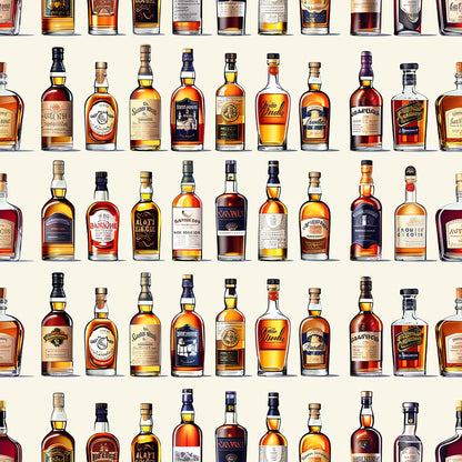 amber, golden brown, whiskey bottles, liquor bottles, repeating pattern, scottish theme, glass bottles, warm tones, caramel colors, honey hues, distillery motif, alcohol themed, bottle collection, quilting cotton, fabric panel, beverage pattern, spirits design, rows arrangement, earth tones, vintage bottles