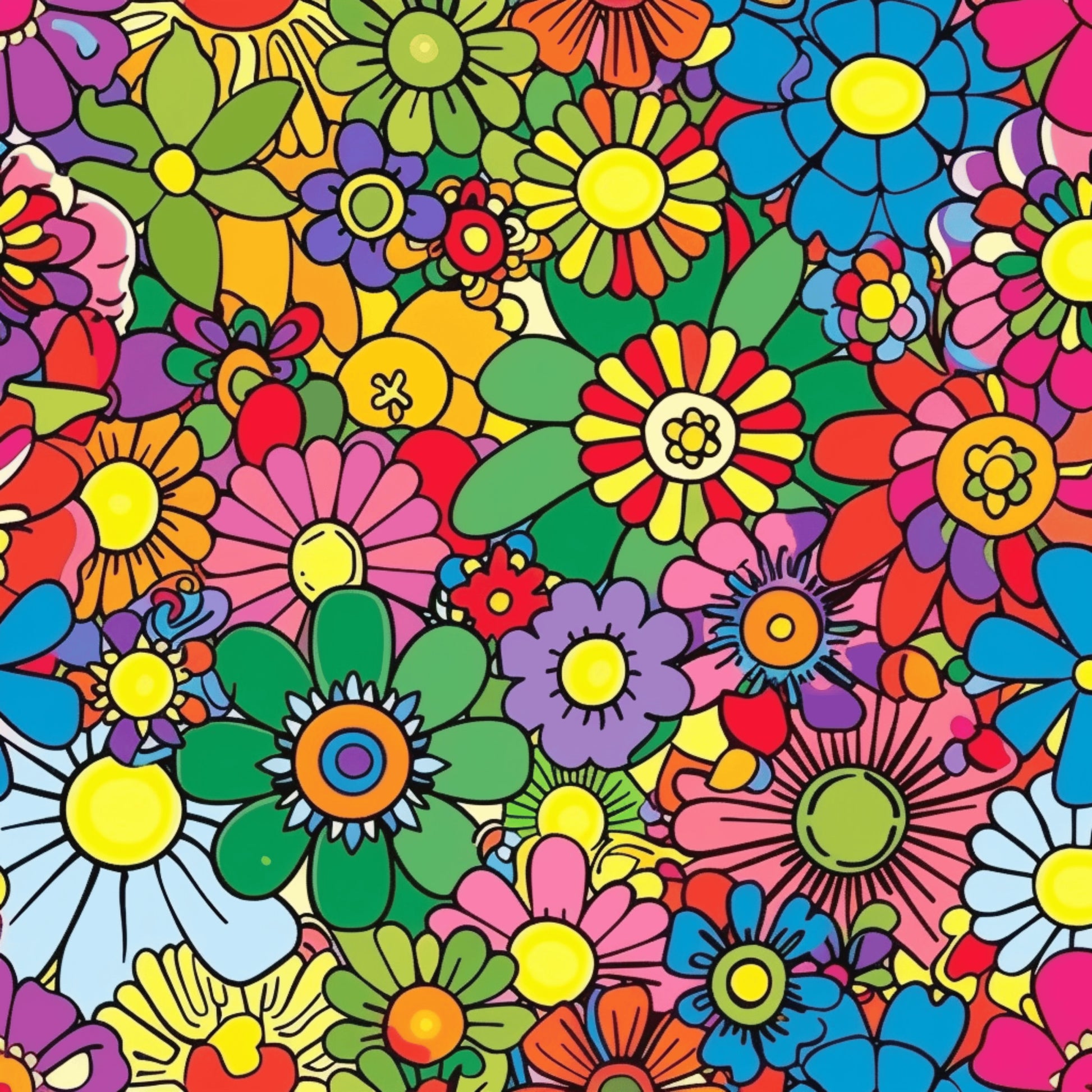 rainbow colors, hippie flowers, psychedelic pattern, bright florals, retro style, groovy design, multicolored blooms, vibrant petals, flower power, bohemian motif, quilting cotton, fabric panel, pink flowers, blue blossoms, yellow centers, green leaves, purple flowers, orange petals, densely packed, whimsical floral