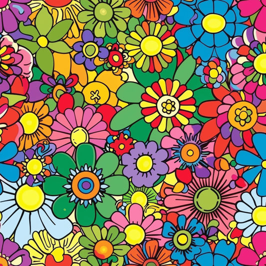 rainbow colors, hippie flowers, psychedelic pattern, bright florals, retro style, groovy design, multicolored blooms, vibrant petals, flower power, bohemian motif, quilting cotton, fabric panel, pink flowers, blue blossoms, yellow centers, green leaves, purple flowers, orange petals, densely packed, whimsical floral