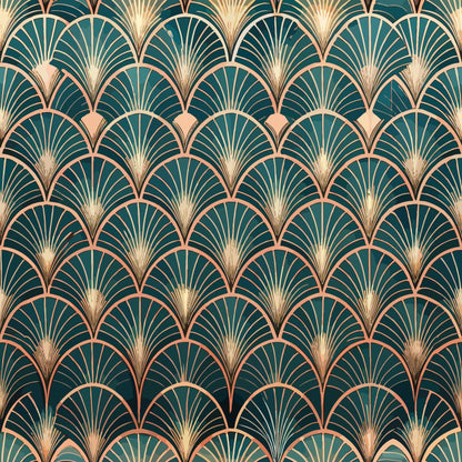art deco, geometric pattern, fan motif, teal green, gold accents, copper highlights, shell design, repeating pattern, vintage style, luxurious, elegant, quilting cotton, fabric panel, radiating lines, scalloped shapes, metallic tones, decorative motif, 1920s inspired, ornamental design, peacock feathers