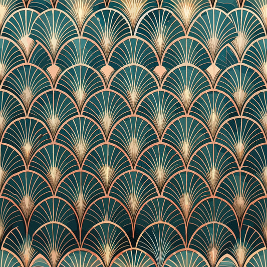 art deco, geometric pattern, fan motif, teal green, gold accents, copper highlights, shell design, repeating pattern, vintage style, luxurious, elegant, quilting cotton, fabric panel, radiating lines, scalloped shapes, metallic tones, decorative motif, 1920s inspired, ornamental design, peacock feathers