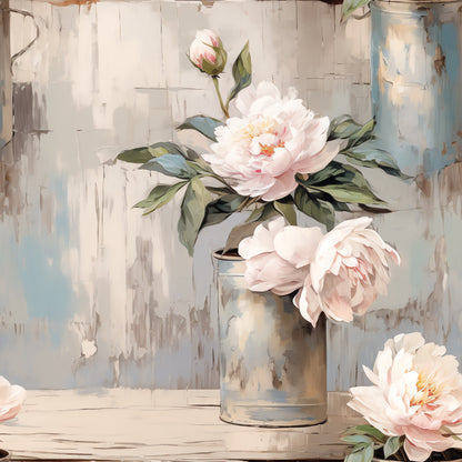pale pink, soft white, sage green, peony flowers, floral bouquet, glass vase, watercolor style, botanical art, shabby chic, vintage feel, cotton fabric, quilting panel, delicate blooms, pastel palette, romantic florals, farmhouse aesthetic, distressed background, flower arrangement, spring blooms, gentle brushstrokes