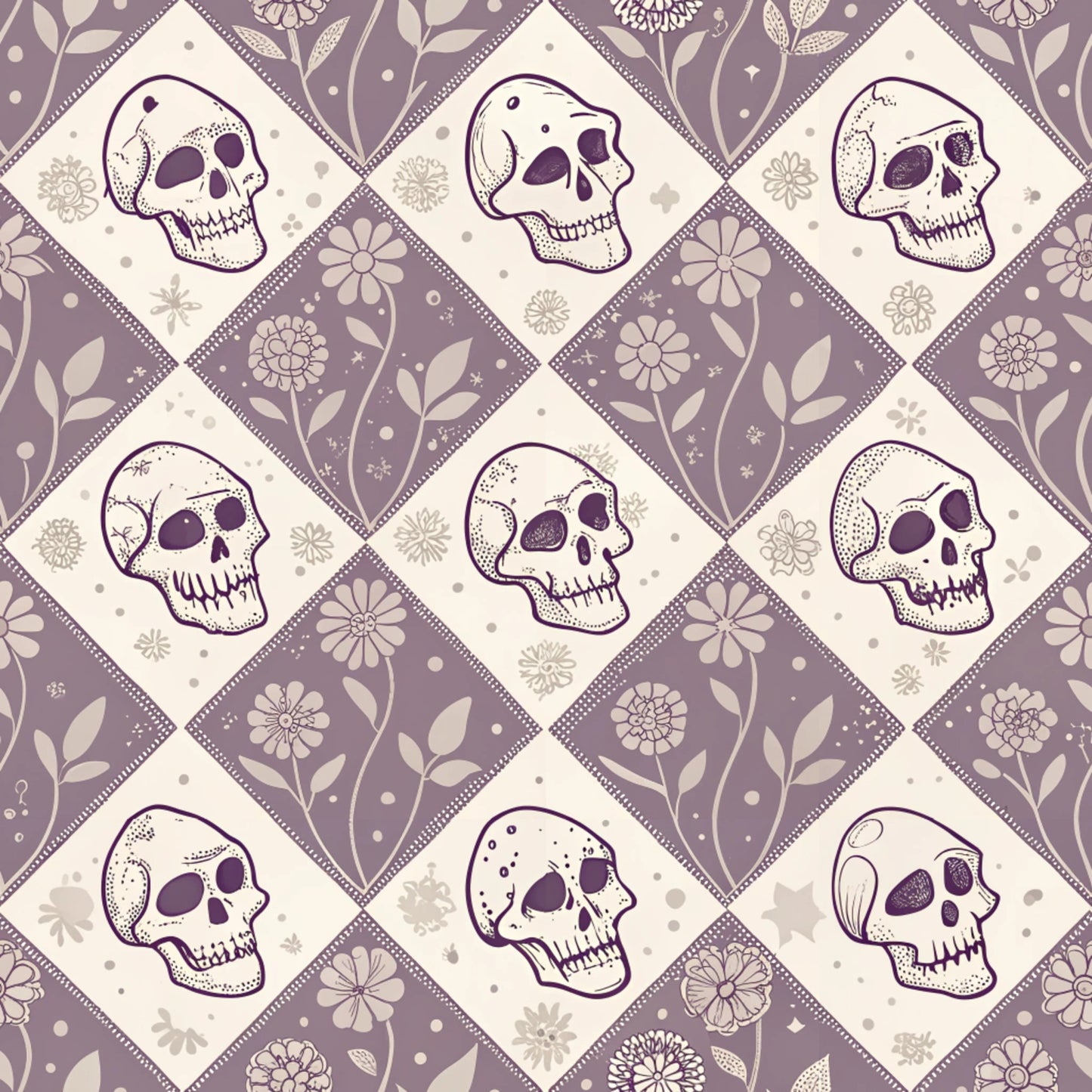 purple, lavender, cream, beige, skulls, floral motifs, diamond pattern, geometric layout, vintage style, retro aesthetic, halloween theme, spooky design, alternating squares, botanical elements, quilting cotton, fabric panel, gothic mood, decorative skulls, repeating pattern, seasonal fabric
