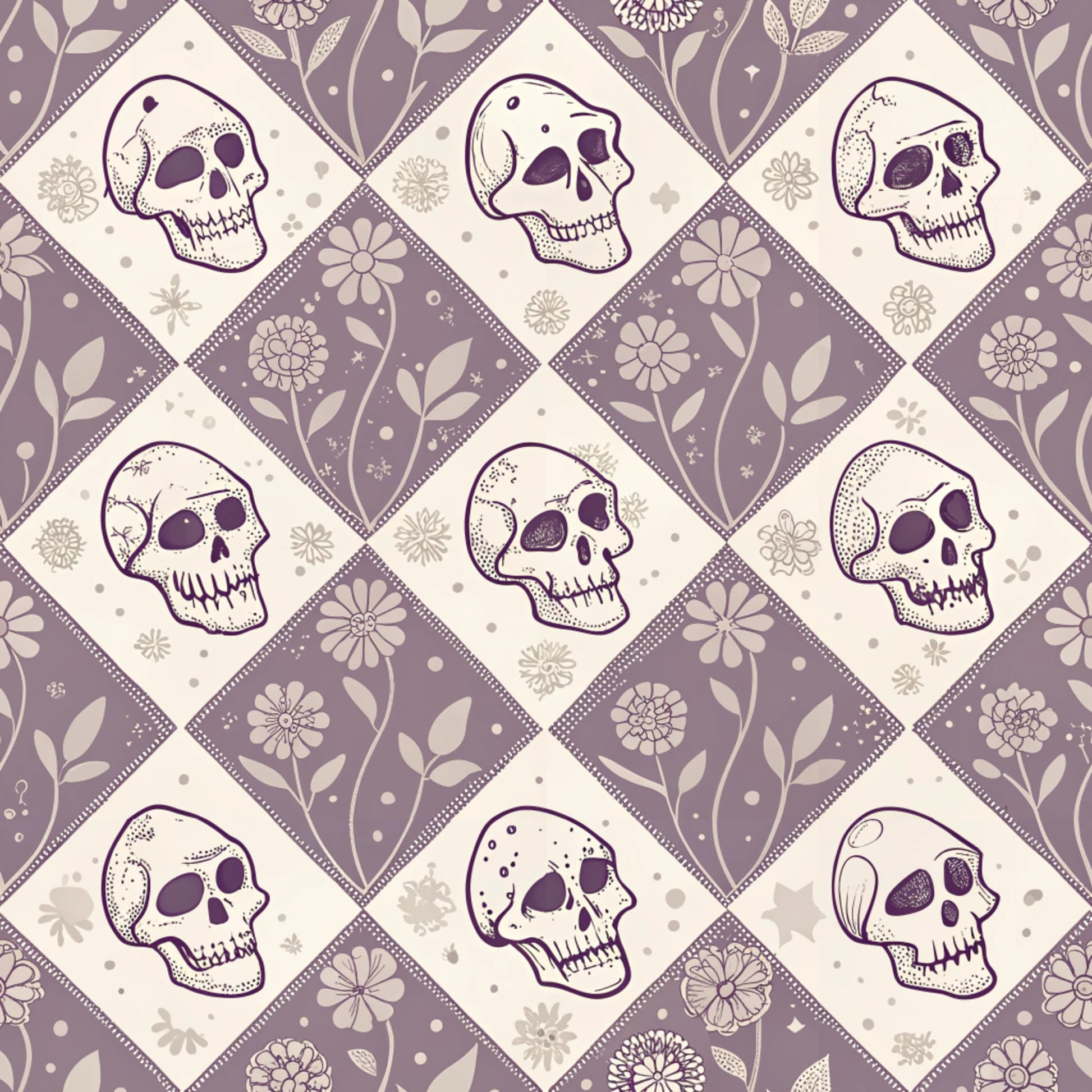 purple, lavender, cream, beige, skulls, floral motifs, diamond pattern, geometric layout, vintage style, retro aesthetic, halloween theme, spooky design, alternating squares, botanical elements, quilting cotton, fabric panel, gothic mood, decorative skulls, repeating pattern, seasonal fabric