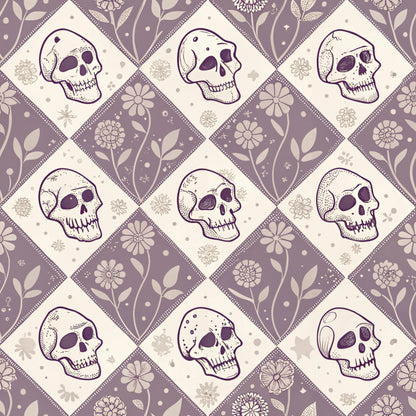 purple, lavender, cream, beige, skulls, floral motifs, diamond pattern, geometric layout, vintage style, retro aesthetic, halloween theme, spooky design, alternating squares, botanical elements, quilting cotton, fabric panel, gothic mood, decorative skulls, repeating pattern, seasonal fabric