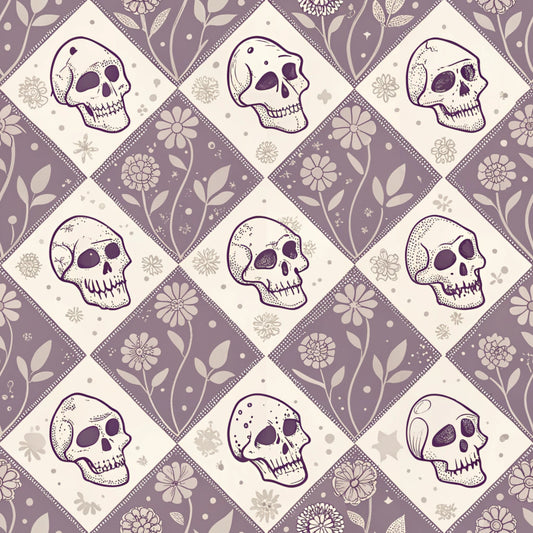 purple, lavender, cream, beige, skulls, floral motifs, diamond pattern, geometric layout, vintage style, retro aesthetic, halloween theme, spooky design, alternating squares, botanical elements, quilting cotton, fabric panel, gothic mood, decorative skulls, repeating pattern, seasonal fabric