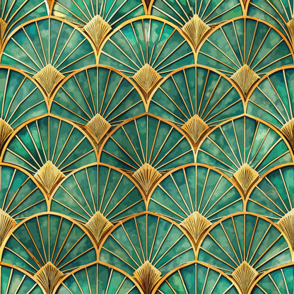 emerald green, gold, teal, fan pattern, art deco, geometric design, radiating lines, scalloped motif, repetitive pattern, luxurious, elegant, vintage style, quilting cotton, fabric panel, 1920s inspired, peacock feathers, shell design, ornate details, sophisticated pattern