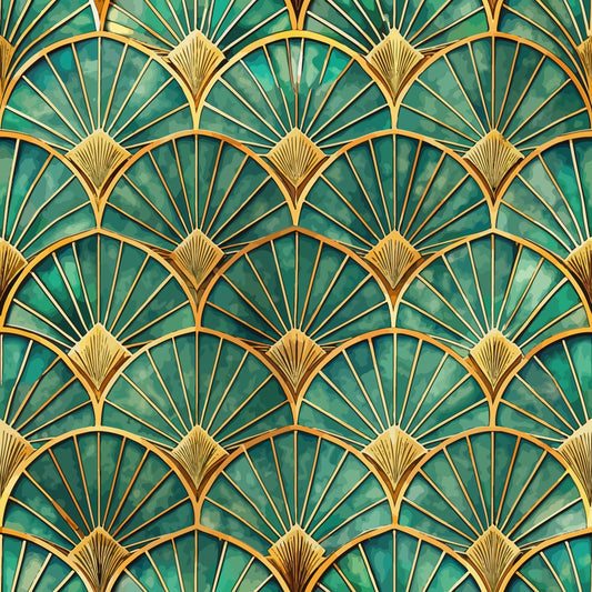 emerald green, gold, teal, fan pattern, art deco, geometric design, radiating lines, scalloped motif, repetitive pattern, luxurious, elegant, vintage style, quilting cotton, fabric panel, 1920s inspired, peacock feathers, shell design, ornate details, sophisticated pattern