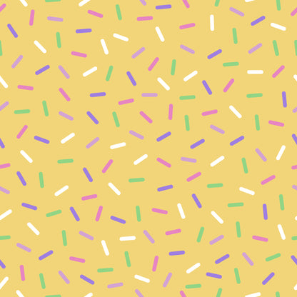 yellow background, rainbow sprinkles, colorful confetti, pink sprinkles, purple sprinkles, green sprinkles, white sprinkles, blue sprinkles, scattered pattern, random placement, cheerful design, playful mood, quilting cotton, fabric panel, baking theme, dessert motif, bright colors, festive pattern, sweet treats, candy colors