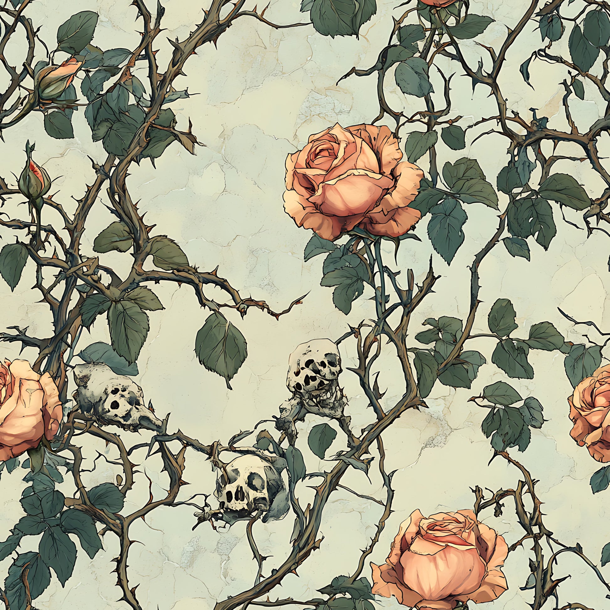 coral roses, peach flowers, skulls, thorny vines, green leaves, cream background, gothic pattern, floral design, bramble thorns, bone motifs, quilting cotton, fabric panel, dark romantic, vintage illustration, botanical elements, macabre florals, rose bushes, weathered texture