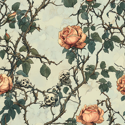 coral roses, peach flowers, skulls, thorny vines, green leaves, cream background, gothic pattern, floral design, bramble thorns, bone motifs, quilting cotton, fabric panel, dark romantic, vintage illustration, botanical elements, macabre florals, rose bushes, weathered texture