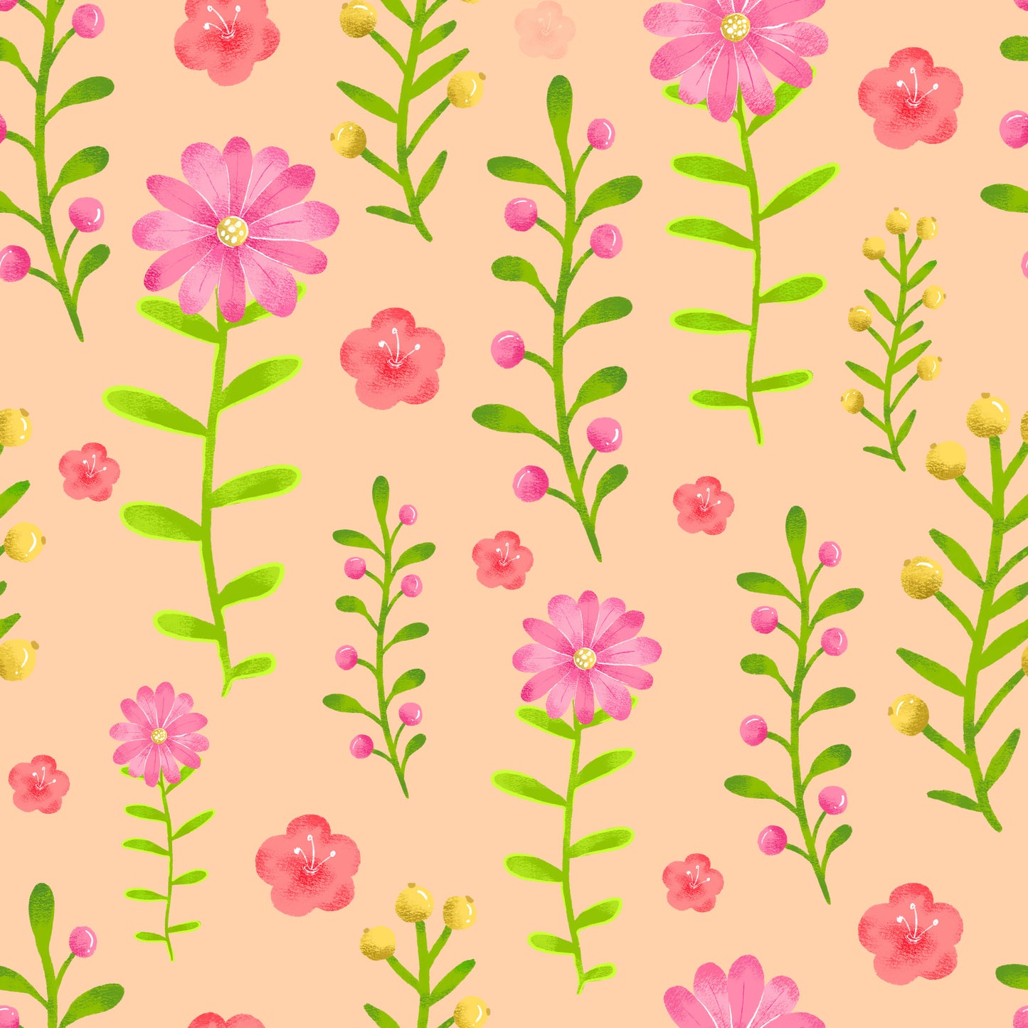 pink flowers, coral blossoms, yellow buds, green stems, peach background, hand drawn, watercolor style, floral pattern, botanical design, quilting cotton, fabric panel, spring flowers, delicate petals, scattered blooms, feminine design, soft pastels, garden flowers, crafting fabric, sewing material