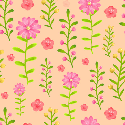 pink flowers, coral blossoms, yellow buds, green stems, peach background, hand drawn, watercolor style, floral pattern, botanical design, quilting cotton, fabric panel, spring flowers, delicate petals, scattered blooms, feminine design, soft pastels, garden flowers, crafting fabric, sewing material