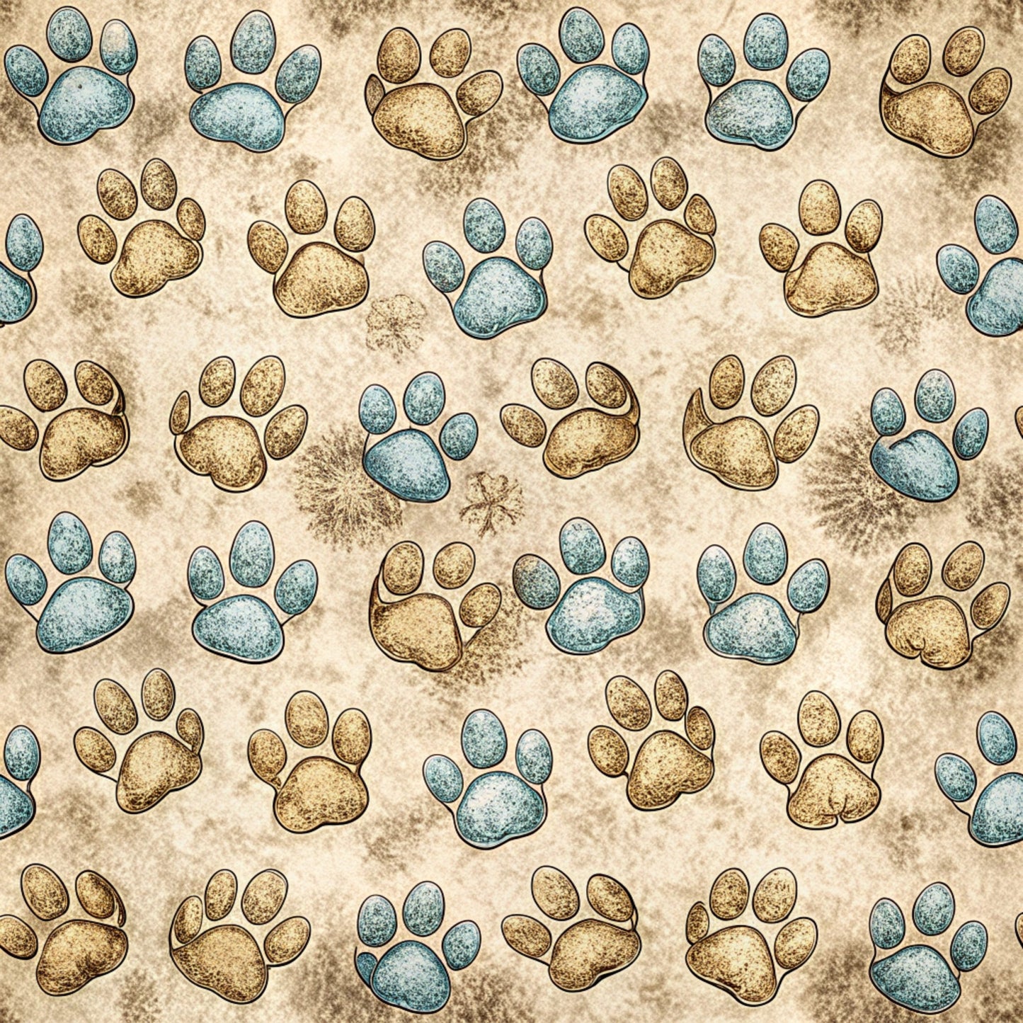 • Dog Paws Pattern 17 Quilting Cotton Fabric • beige background • blue paw prints • brown paw prints • canine prints • textile • craft fabric • quilting material • soft cotton • pet-themed design • repeated paw marks • natural hues • sewing fabric