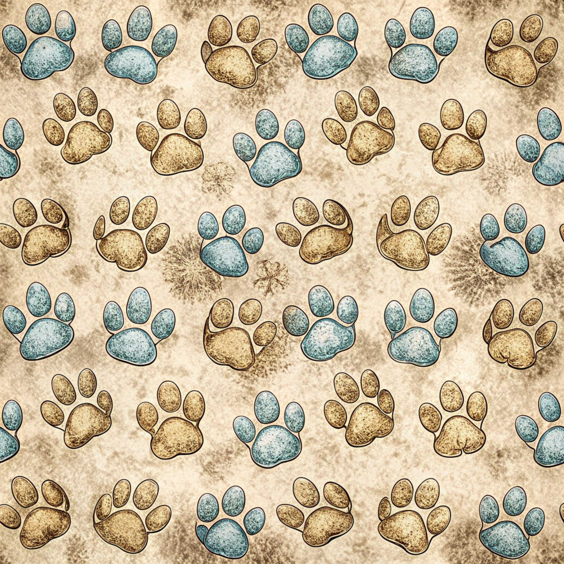 • Dog Paws Pattern 17 Quilting Cotton Fabric • beige background • blue paw prints • brown paw prints • canine prints • textile • craft fabric • quilting material • soft cotton • pet-themed design • repeated paw marks • natural hues • sewing fabric