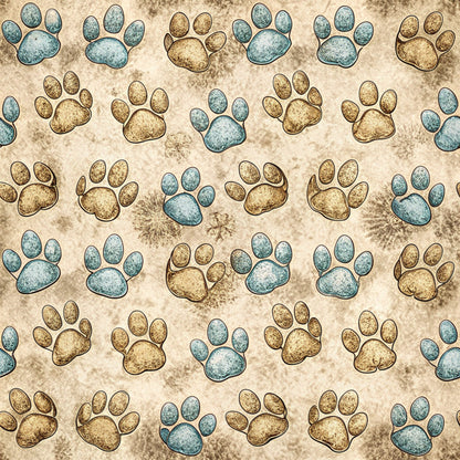 • Dog Paws Pattern 17 Quilting Cotton Fabric • beige background • blue paw prints • brown paw prints • canine prints • textile • craft fabric • quilting material • soft cotton • pet-themed design • repeated paw marks • natural hues • sewing fabric