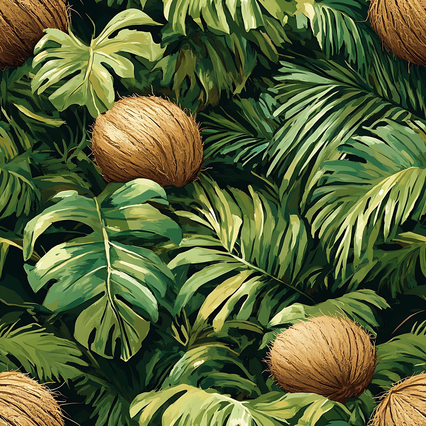 tropical leaves, coconut pattern, jungle foliage, green shades, brown coconuts, palm fronds, monstera leaves, botanical design, quilting cotton, fabric panel, lush vegetation, tropical paradise, nature motif, summer vibes, exotic plants, leafy pattern, tropical theme, vibrant greens, natural elements, jungle atmosphere