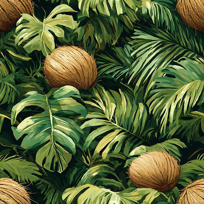 tropical leaves, coconut pattern, jungle foliage, green shades, brown coconuts, palm fronds, monstera leaves, botanical design, quilting cotton, fabric panel, lush vegetation, tropical paradise, nature motif, summer vibes, exotic plants, leafy pattern, tropical theme, vibrant greens, natural elements, jungle atmosphere