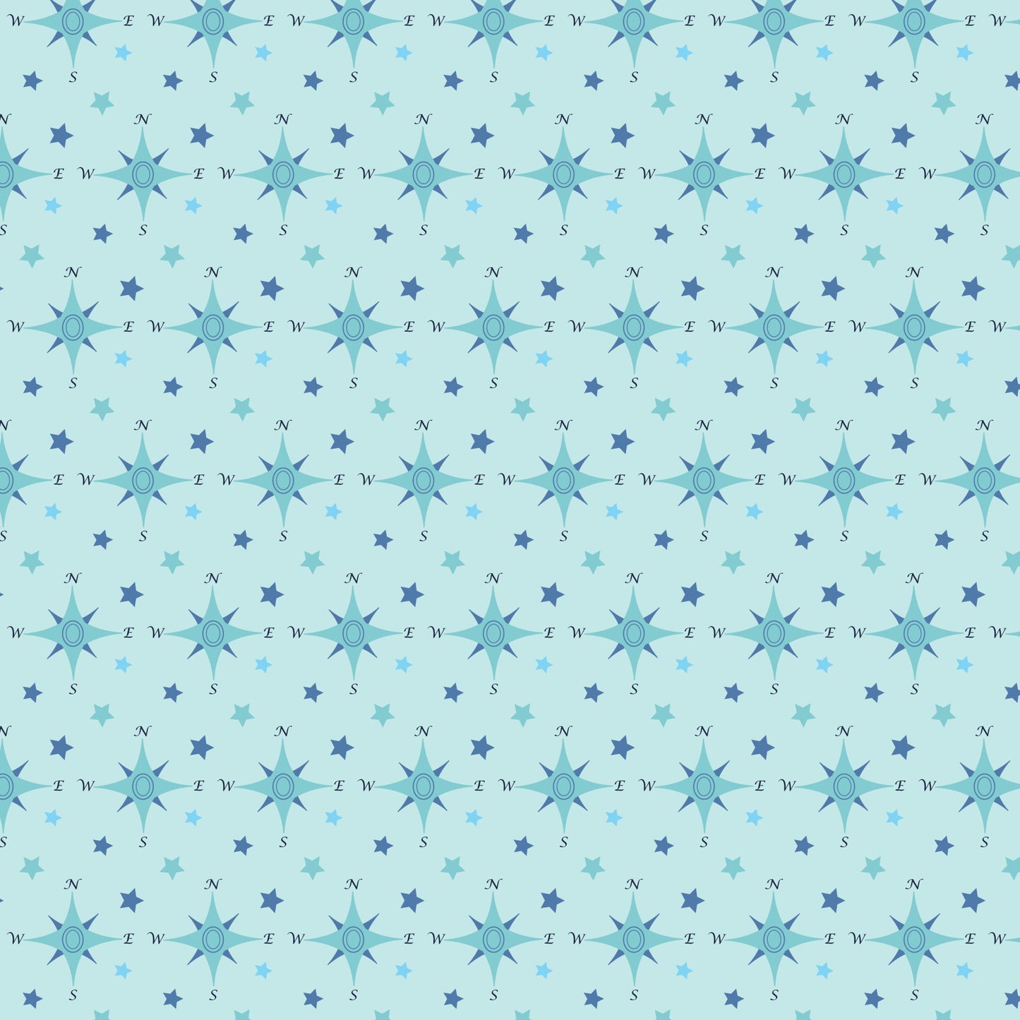 navy blue, light blue, aqua, teal, compass rose, nautical stars, directional letters, maritime theme, geometric pattern, repeating design, sailing motif, ocean inspired, quilting cotton, fabric panel, coordinate print, nautical navigation, sea compass, starfish shapes, maritime symbols, coastal design