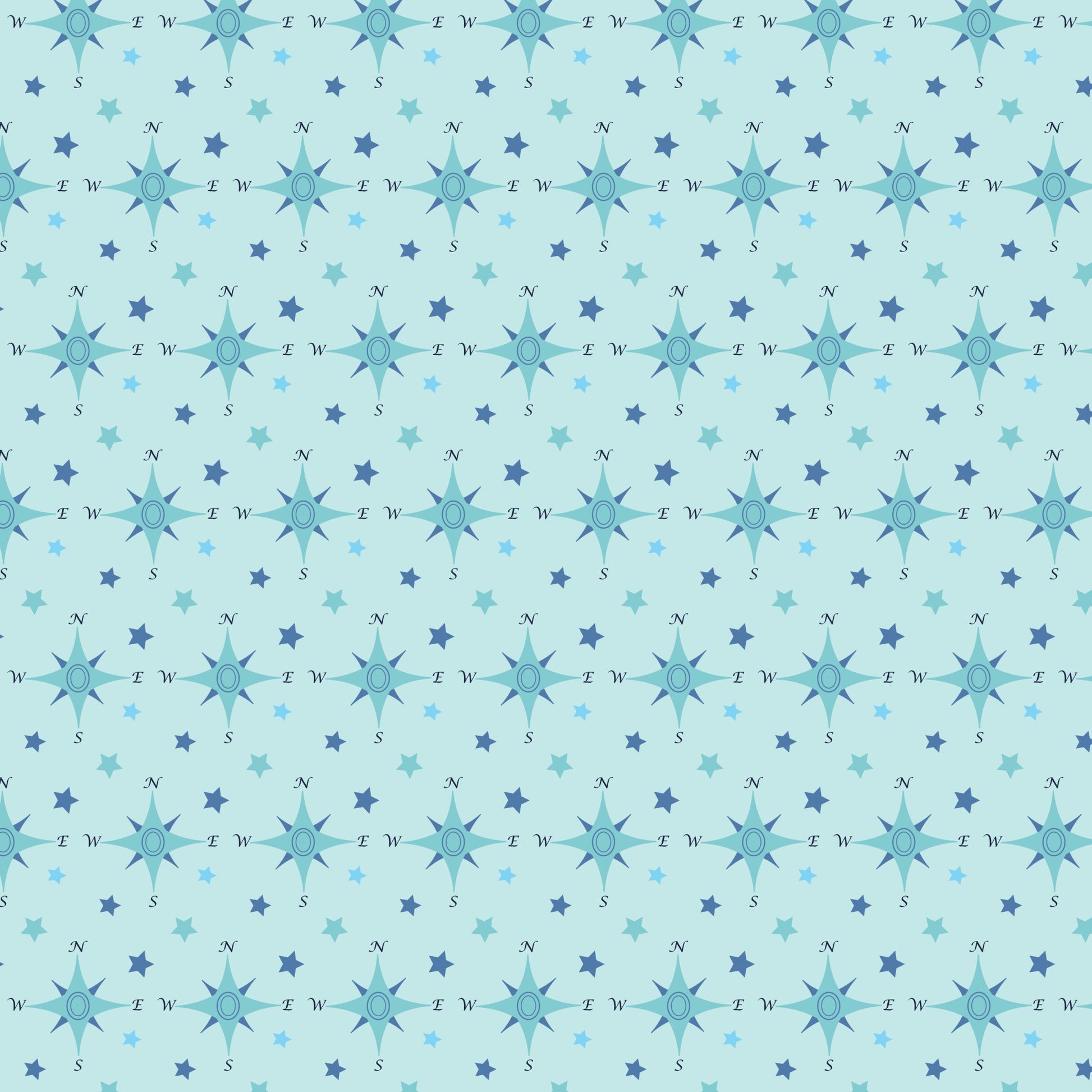 navy blue, light blue, aqua, teal, compass rose, nautical stars, directional letters, maritime theme, geometric pattern, repeating design, sailing motif, ocean inspired, quilting cotton, fabric panel, coordinate print, nautical navigation, sea compass, starfish shapes, maritime symbols, coastal design