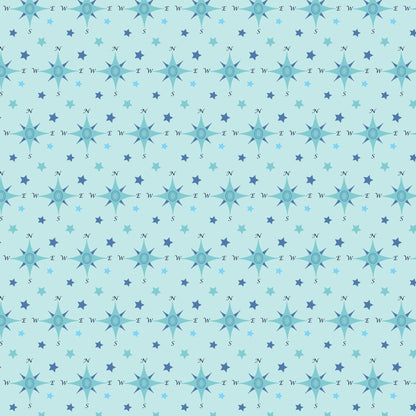 navy blue, light blue, aqua, teal, compass rose, nautical stars, directional letters, maritime theme, geometric pattern, repeating design, sailing motif, ocean inspired, quilting cotton, fabric panel, coordinate print, nautical navigation, sea compass, starfish shapes, maritime symbols, coastal design