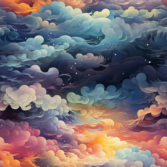 colorful clouds, swirling patterns, orange hues, blue tones, purple shades, pink accents, yellow highlights, dreamy sky, flowing movement, cotton fabric, quilting panel, whimsical design, sunset colors, storm clouds, artistic illustration, gradient colors, celestial theme, soft pastels, dynamic swirls, nature scene