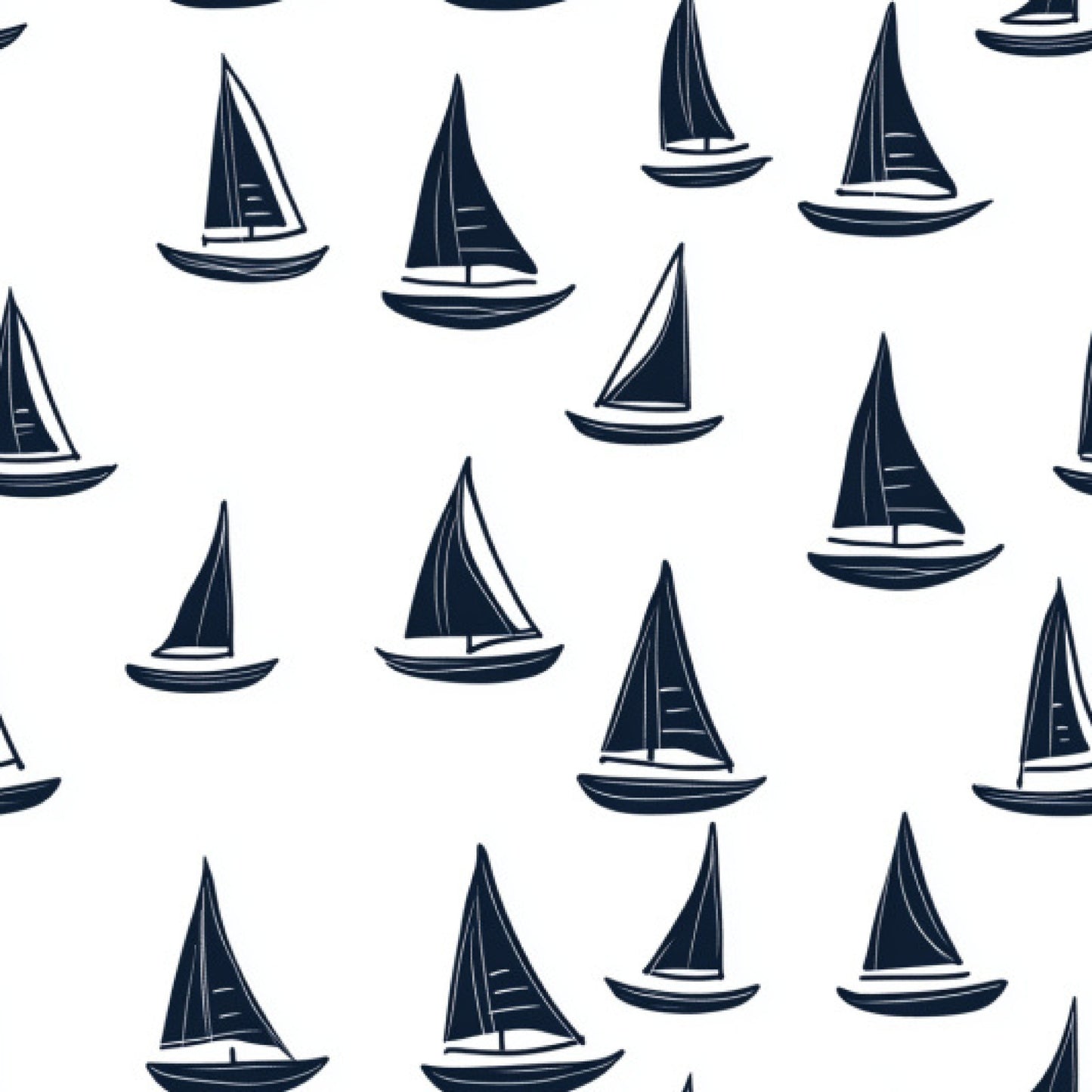navy blue, white, sailboats, nautical pattern, repeating motif, maritime theme, sailing vessels, ocean theme, quilting cotton, fabric panel, boat silhouettes, monochromatic design, scattered placement, triangular sails, water craft, seamless repeat, coastal style, marine elements, geometric sails, recreational sailing