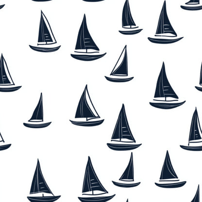 navy blue, white, sailboats, nautical pattern, repeating motif, maritime theme, sailing vessels, ocean theme, quilting cotton, fabric panel, boat silhouettes, monochromatic design, scattered placement, triangular sails, water craft, seamless repeat, coastal style, marine elements, geometric sails, recreational sailing