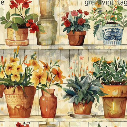 terracotta pots, botanical illustration, potted plants, shelving display, red flowers, yellow blooms, orange lilies, green foliage, blue ceramic, watercolor style, garden theme, floral motifs, vintage aesthetic, quilting cotton, fabric panel, rustic charm, plant collection, cottage garden, warm earth tones, botanical prints