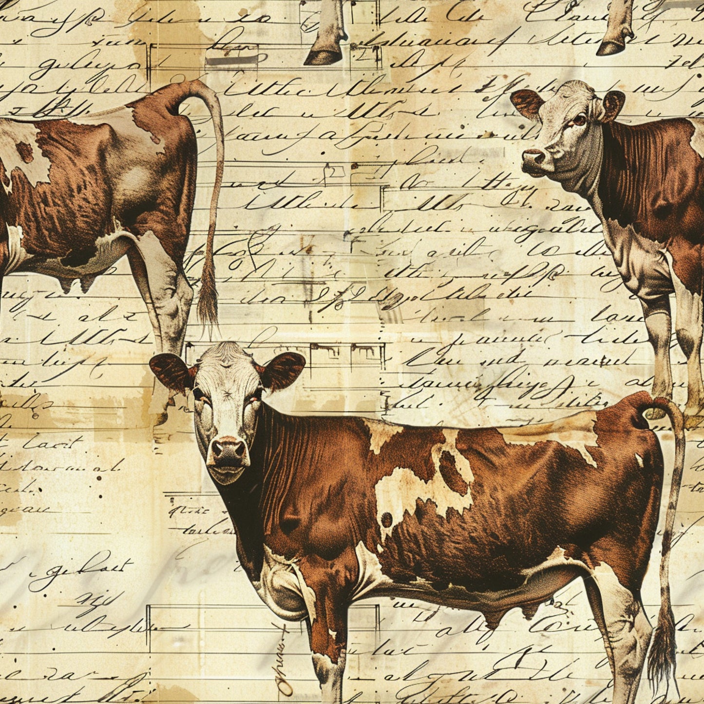 brown, cream, sepia tones, dairy cows, holstein cattle, farm animals, vintage illustrations, cursive script, handwritten text, aged paper, rustic style, pastoral theme, country living, quilting cotton, fabric panel, nostalgic artwork, agricultural motifs, livestock drawings, antique lettering, farmhouse aesthetic