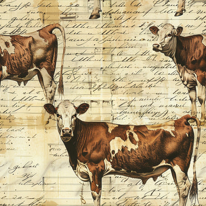 brown, cream, sepia tones, dairy cows, holstein cattle, farm animals, vintage illustrations, cursive script, handwritten text, aged paper, rustic style, pastoral theme, country living, quilting cotton, fabric panel, nostalgic artwork, agricultural motifs, livestock drawings, antique lettering, farmhouse aesthetic