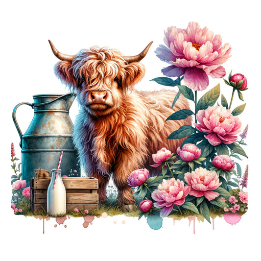Floral Highland Cow Fabric Panel 6