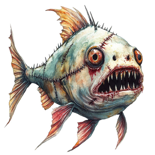Watercolor Scary Fish Fabric Panel 14
