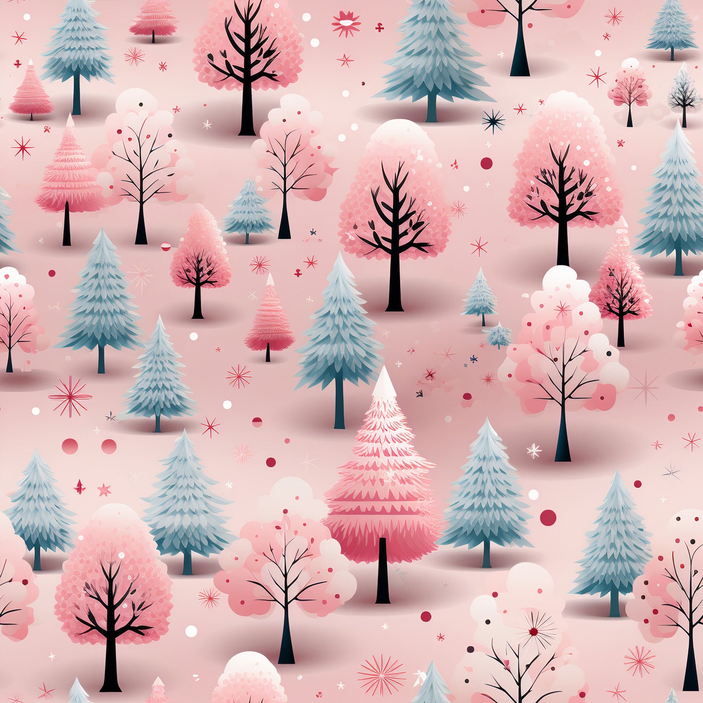 christmas trees, winter forest, pink background, blue evergreens, coral pink trees, bare branches, snowflakes, stars, polka dots, whimsical illustration, modern art style, quilting cotton, fabric panel, holiday theme, winter wonderland, geometric shapes, scattered pattern, festive design, pastel colors, dreamy atmosphere